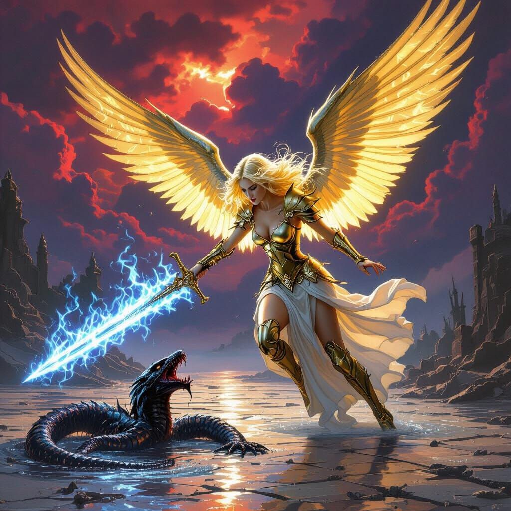 Angel Battles Serpent Demon in Crimson Light