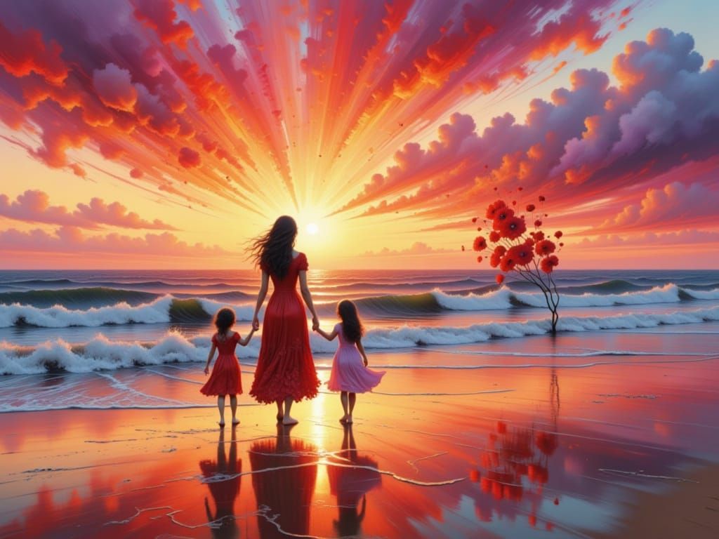 Family Silhouette at Sunset in Landscape Style
