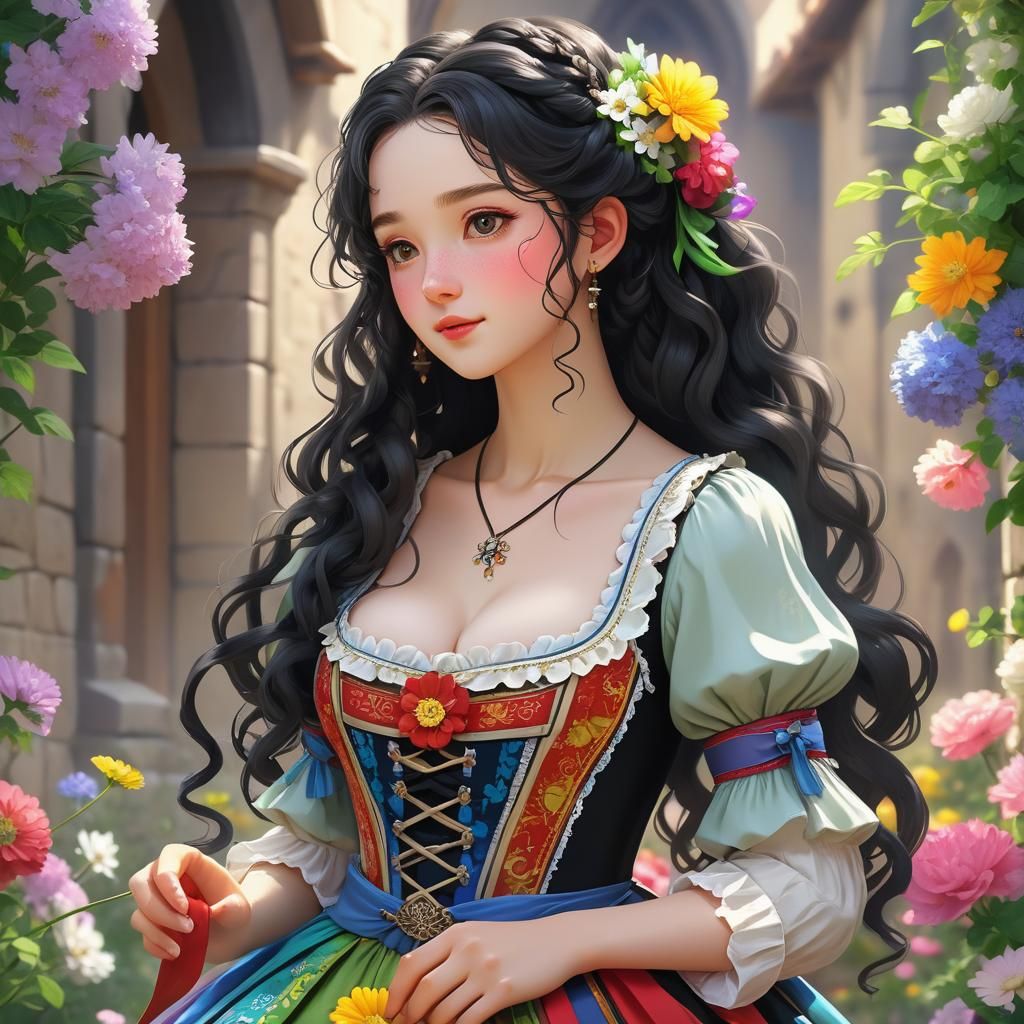 Beautiful Medieval Princess Smelling Flower in Anime Style