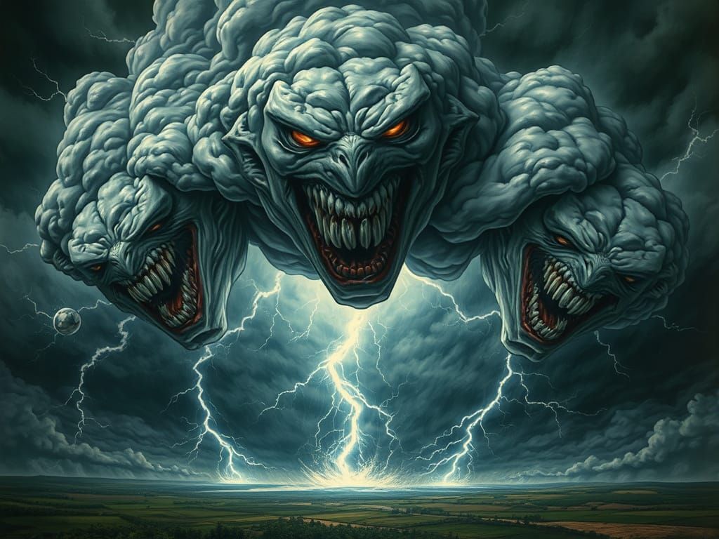 Menacing Anthropomorphic Storm Clouds in Dark Futurism Style
