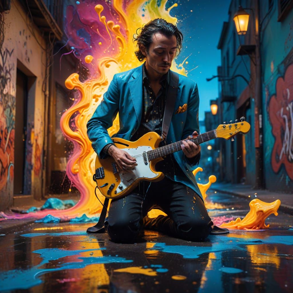 Vibrant Street Art Musician in Swirling Graffiti