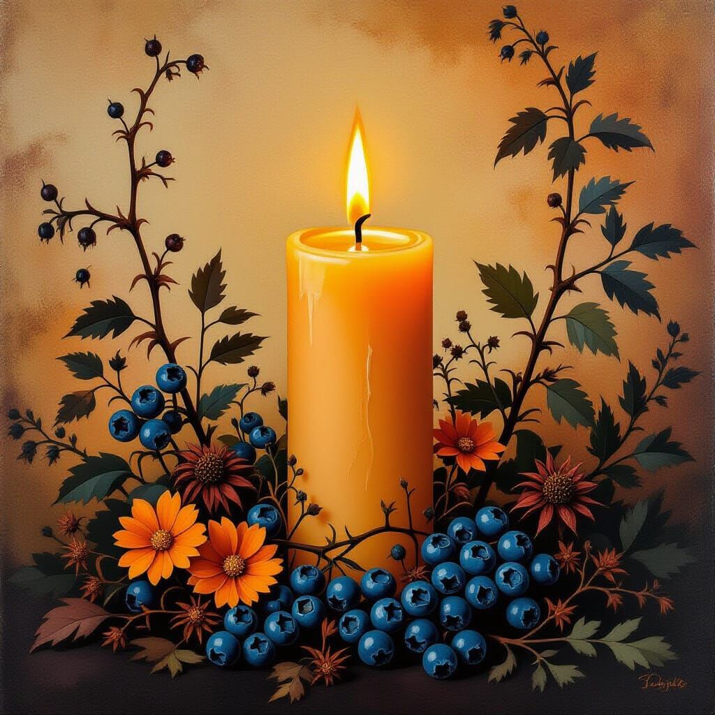 Burning Candle Still Life with Berries and Flowers