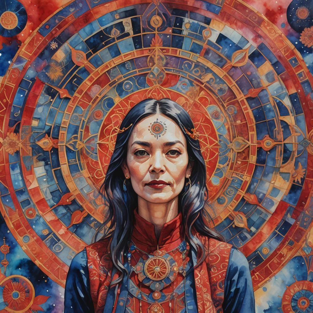 Mystical Woman Before Mandala in Watercolor Style