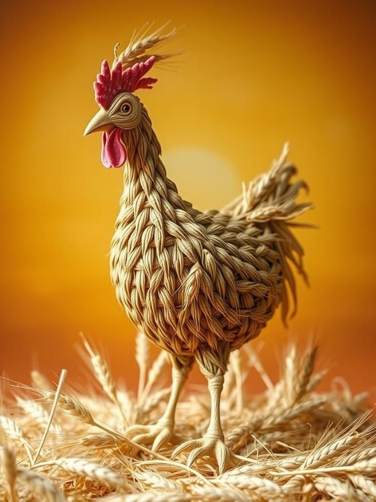 Whimsical Wheat Chicken Sculpture in Sunlit Field