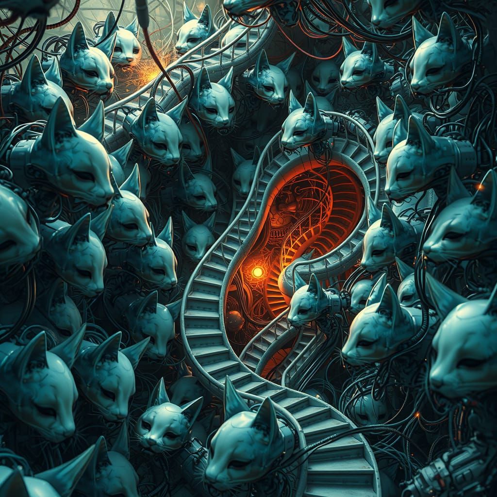 Mechanized Cats in Escher Labyrinth, Neurosurrealist Art