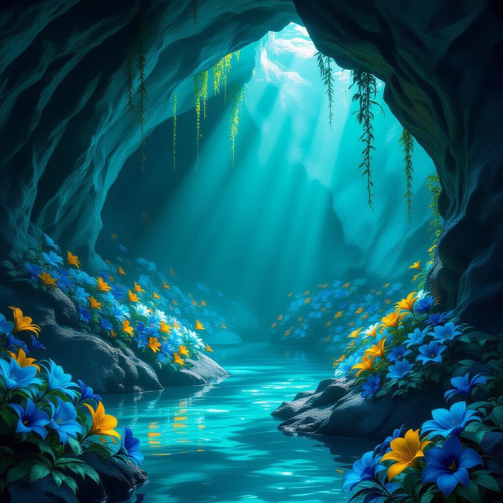 Teal Cave Blooms in Dark Fantasy Style