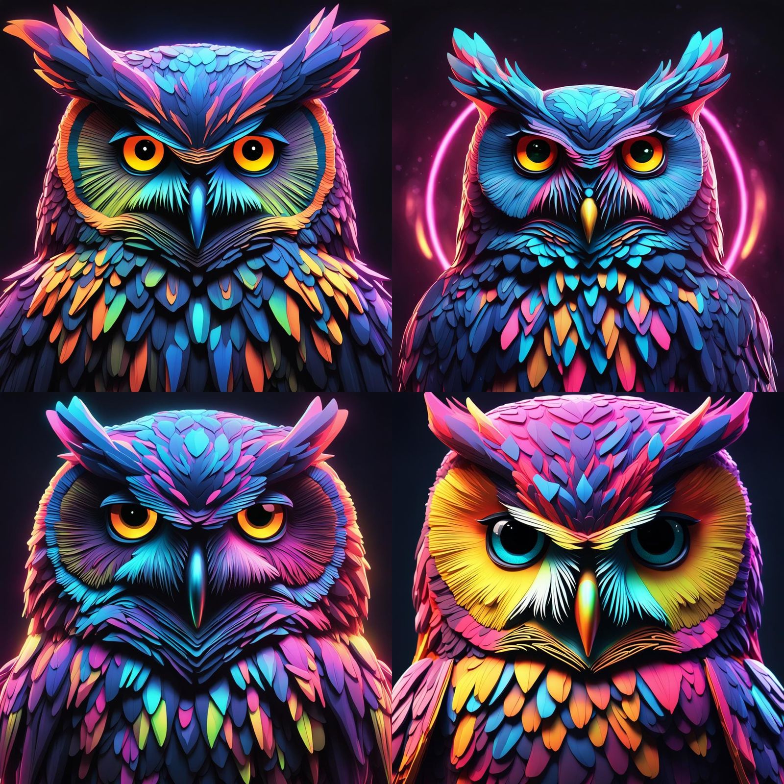 Neon Owl Portrait in Hyperrealism Style