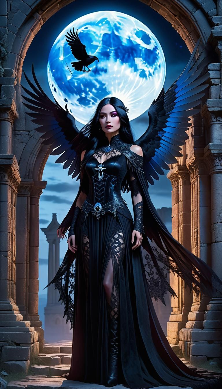 Gothic Cathedral Woman with Raven Wings