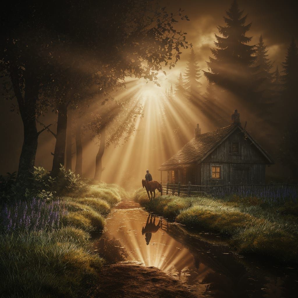 Melancholic Foggy Forest Painting with Golden Light