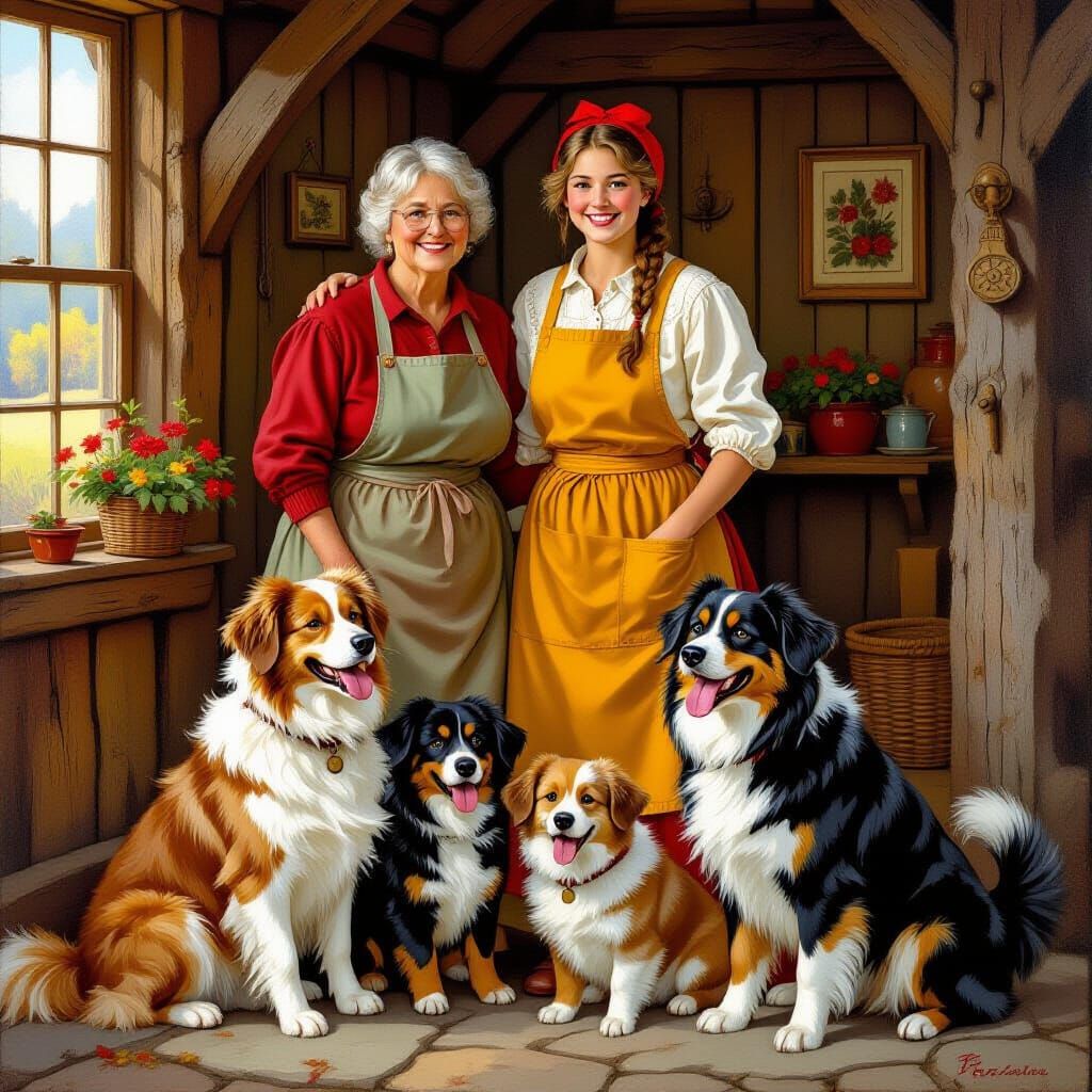 Three Generations with Dogs in Folk Art Style