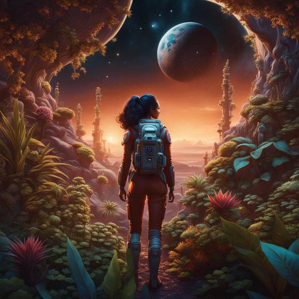 Astronaut Girl on Moon with Plants: Digital Art