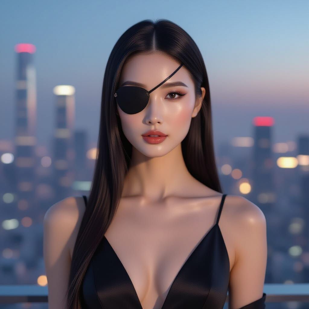 Elegant East Asian Woman in Futuristic Cityscape
