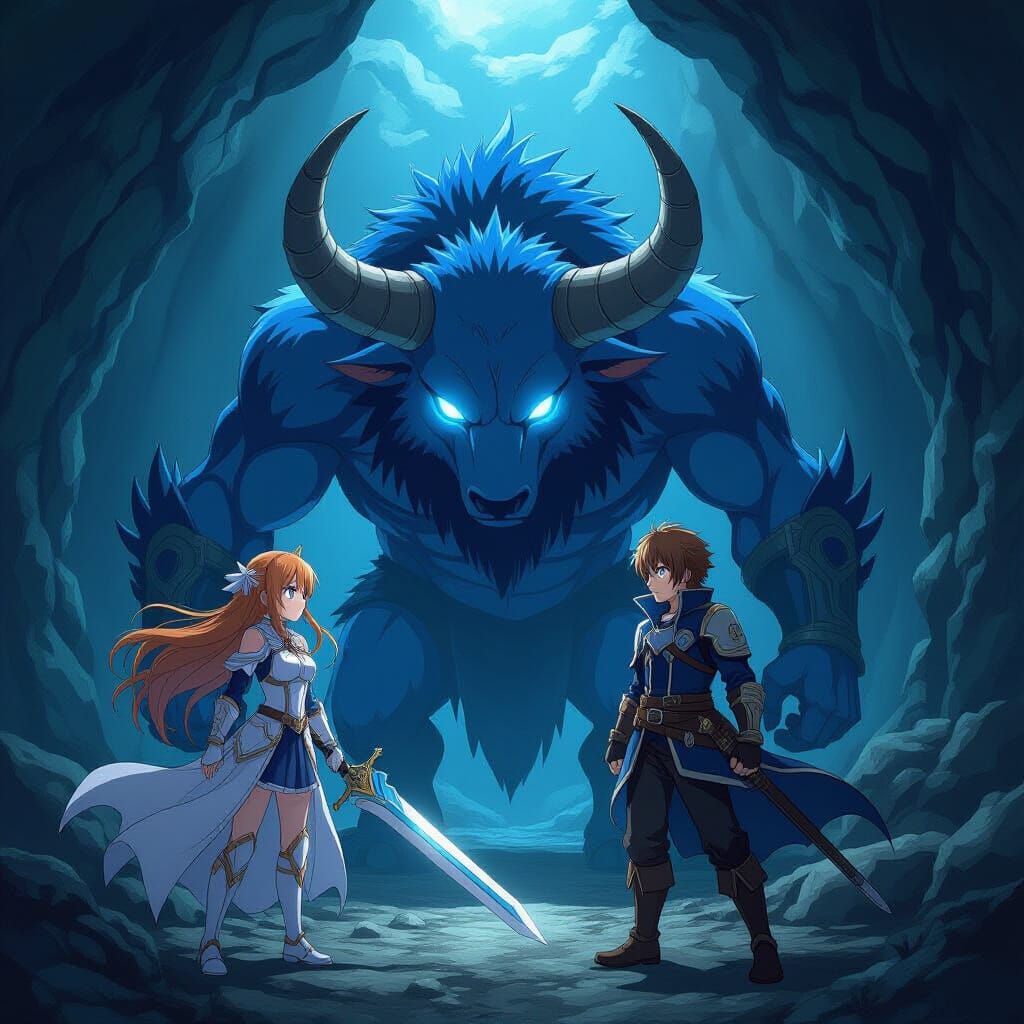 Asuna and Kirito vs Blue Minotaur in Cave