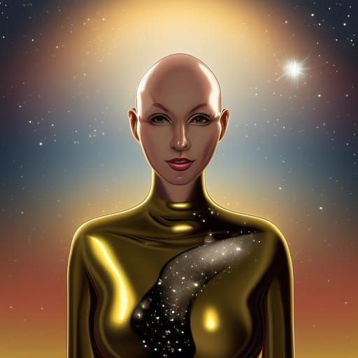 Golden Alien Woman in Spacesuit Among the Stars