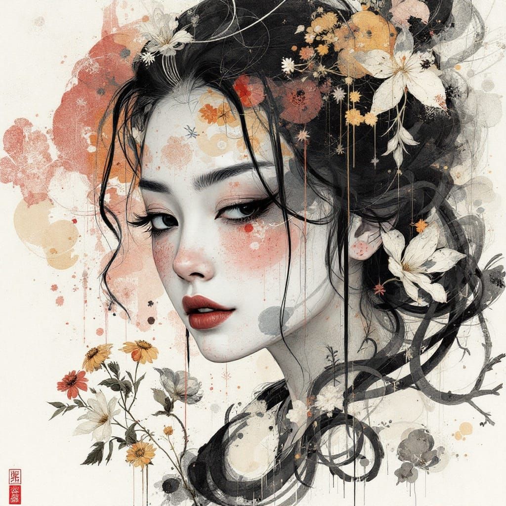 Paleolithic Onna-Bugeisha Masterpiece in Sumi-E and Colored...