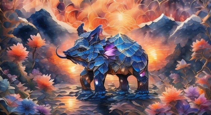 Crystal Elephant Sculpture in Tropical Forest