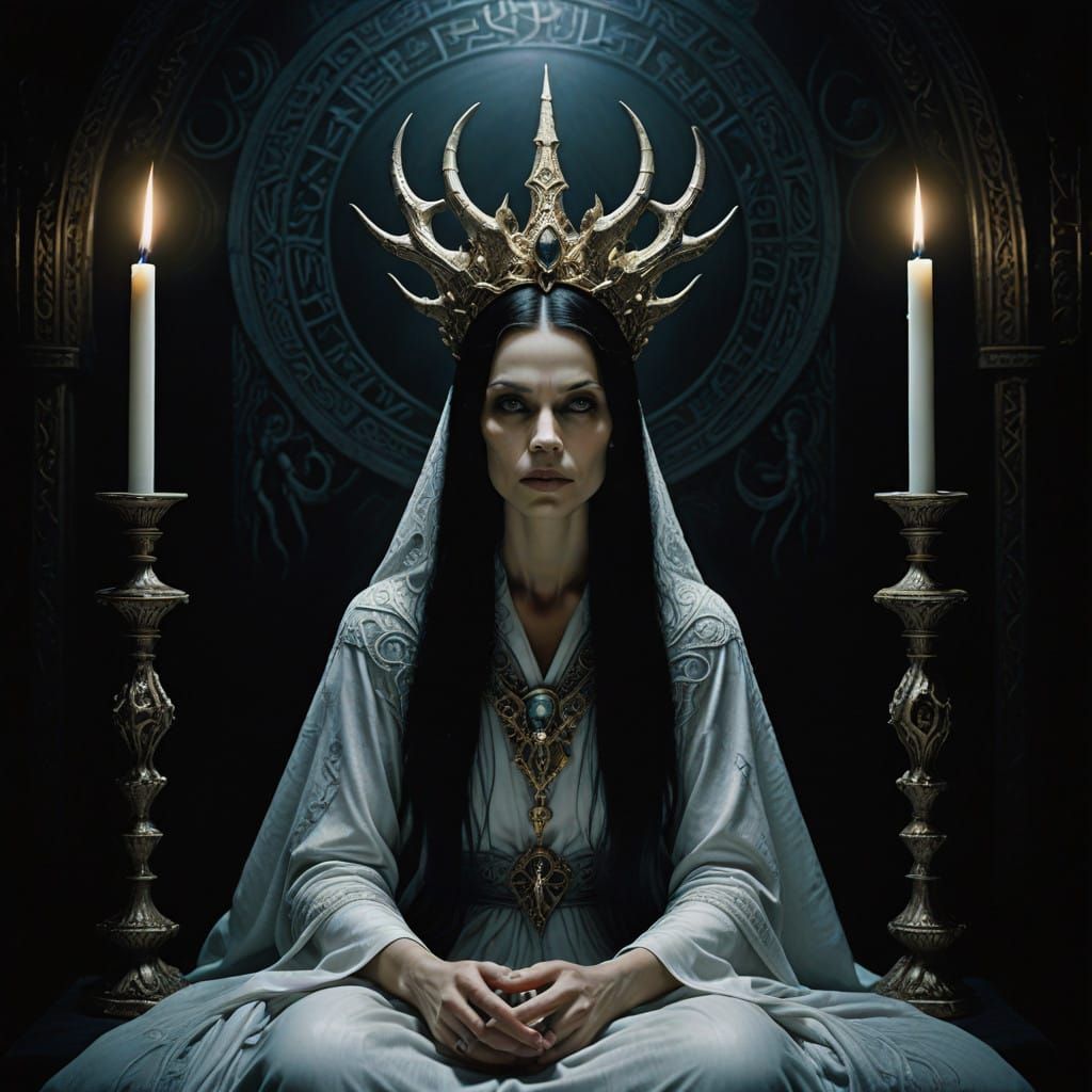 Three Ethereal Witches in Mystical Triad, Adorned with Intri...