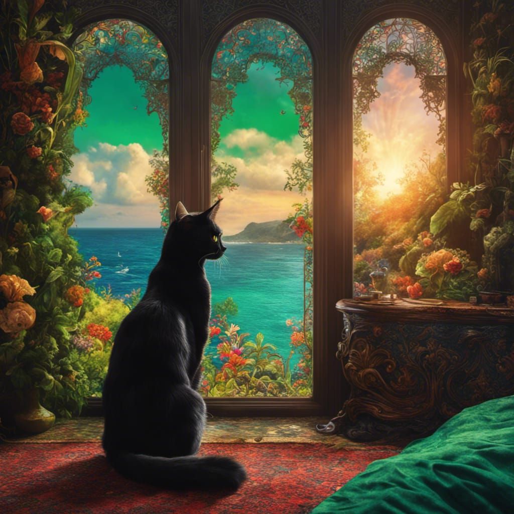 Cottagecore Bedroom with Black Cat and Ocean View