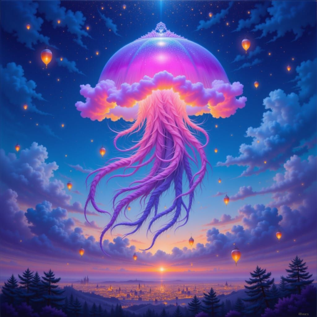 Iridescent Jellyfish with Sugar Tiara in Twilight Sky