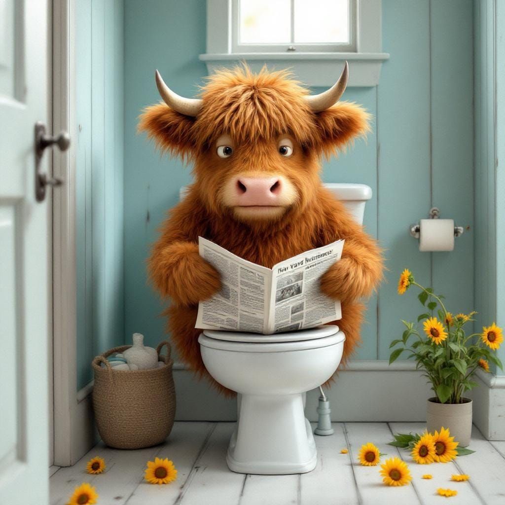 Highland Cow on Toilet in Whimsical Style