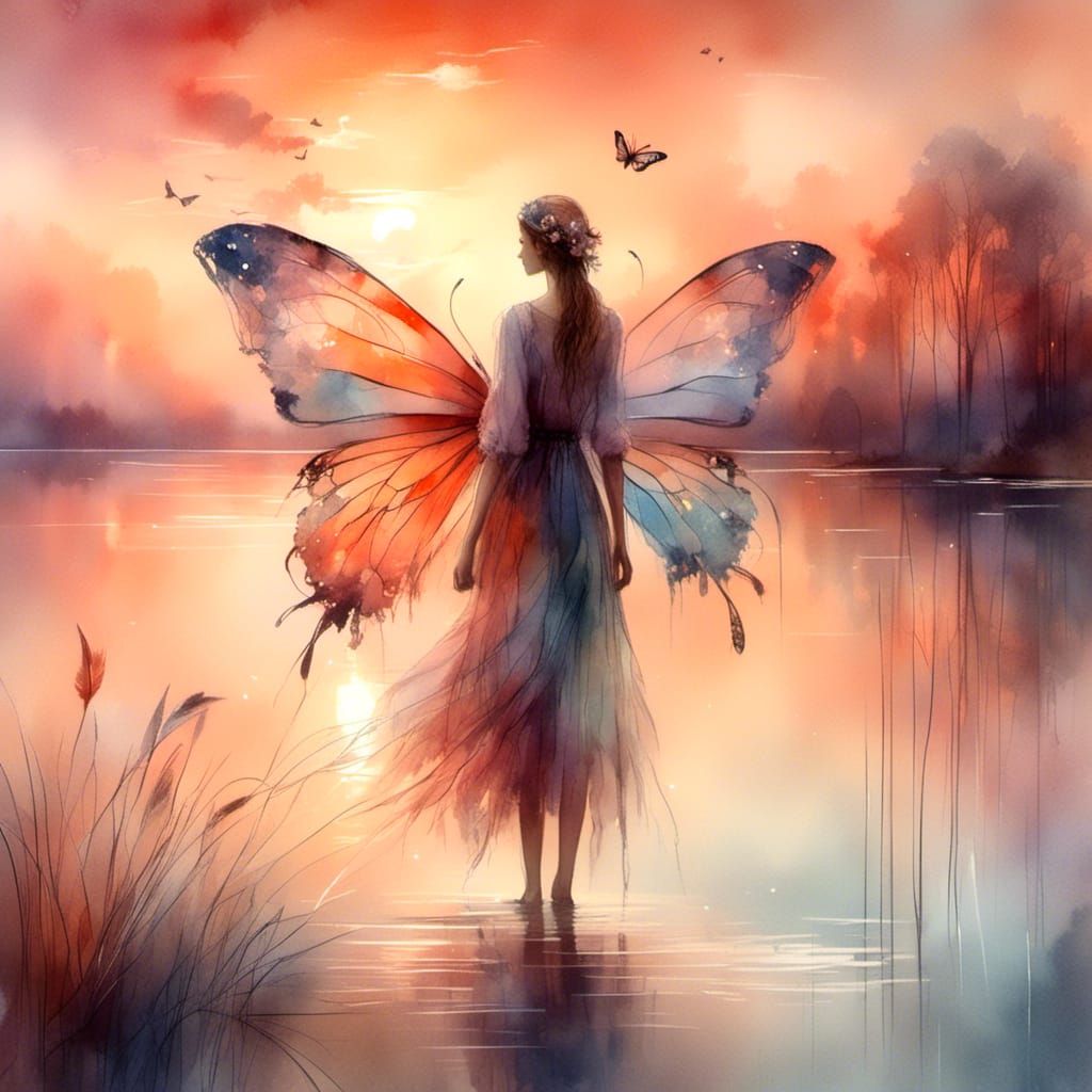 Butterfly Woman at Sunset: Visionary Digital Art