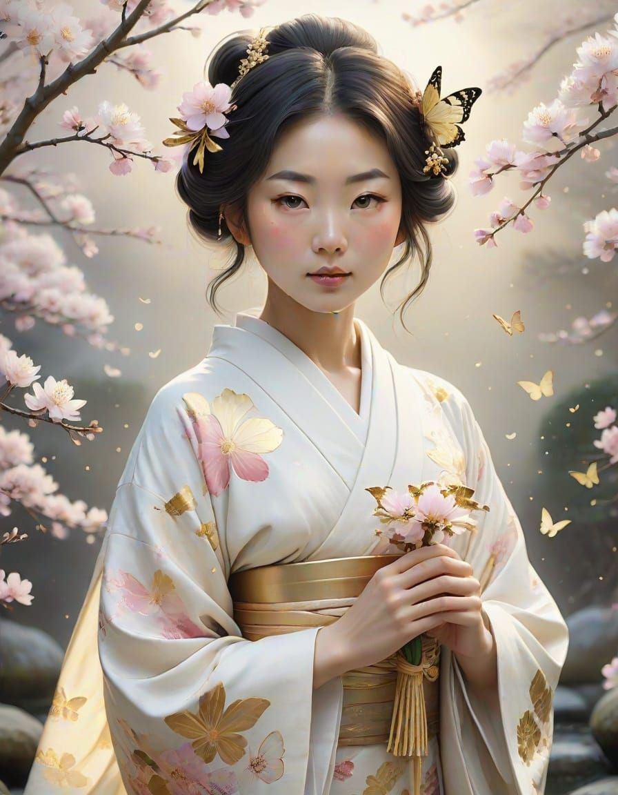 Ethereal Japanese Beauty in Moonlit Garden