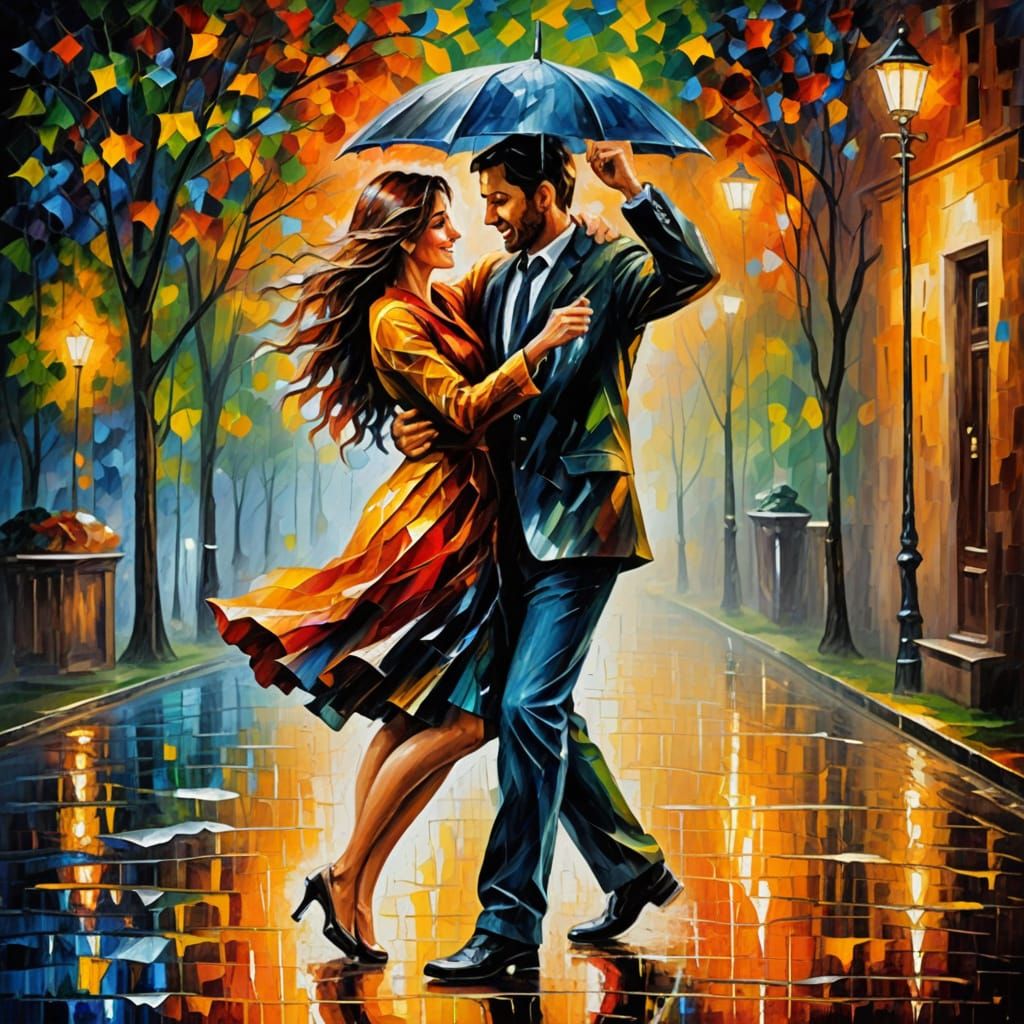 Vibrant Dancing Couple in Whimsical Rainy Night Scene