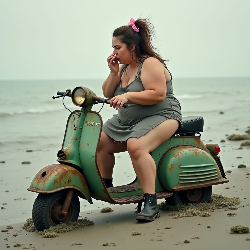 Woman on Moped, Gritty Realism in Earth Tones