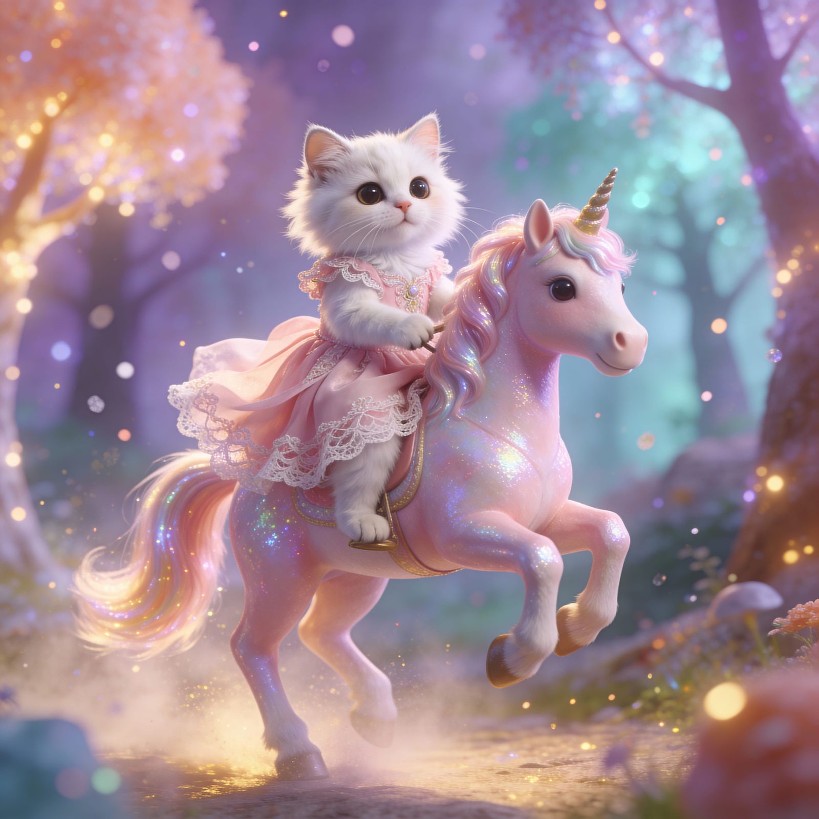 Kitten in Pink Dress Rides Unicorn in Enchanted Forest