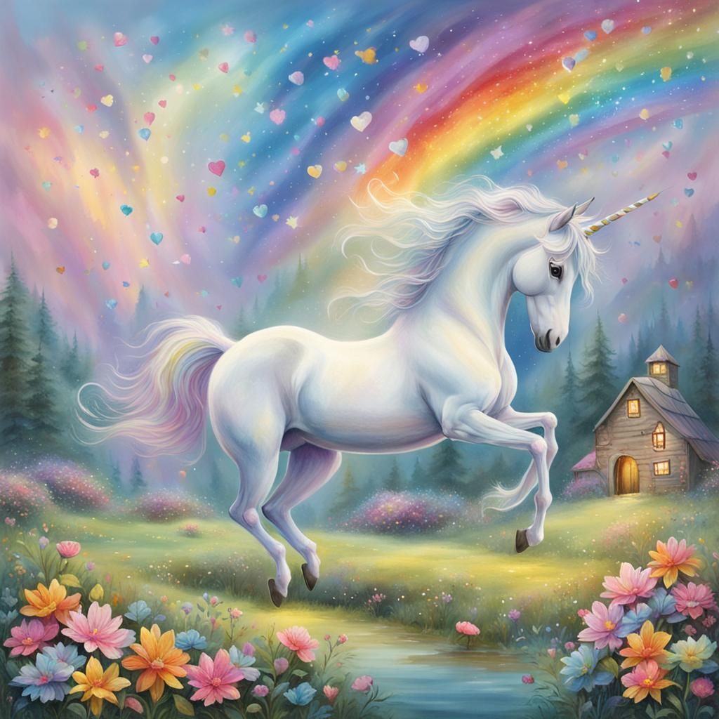 Unicorns Frolic Under Rainbows in Whimsical Land
