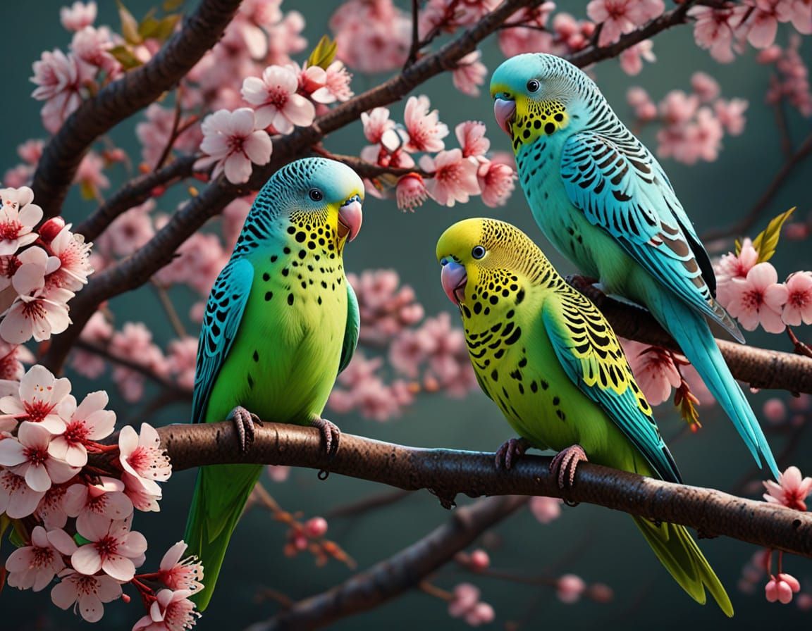 Vibrant Budgies Amidst Cherry Blossoms in Whimsical Watercol...