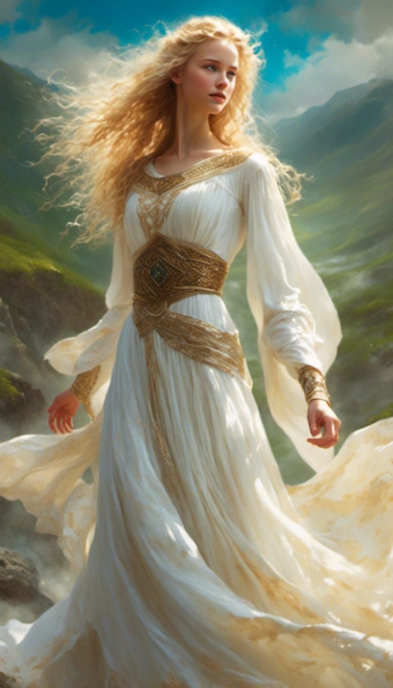 Eowyn in White Celtic Dress, Beautified Portrait