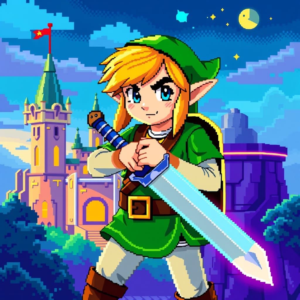 Pixelated Hero Wields Master Sword in Neon-Lit Hyrule