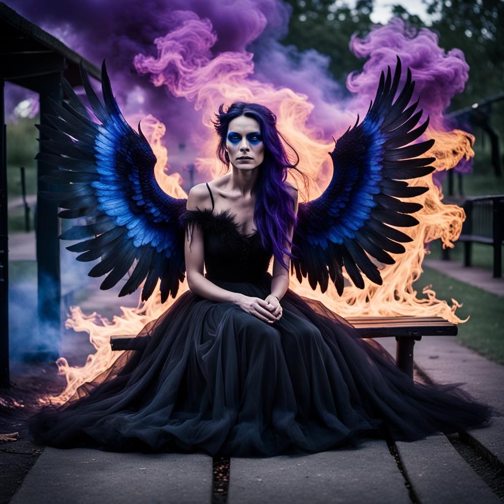 Fiery Woman with Wings on Park Bench