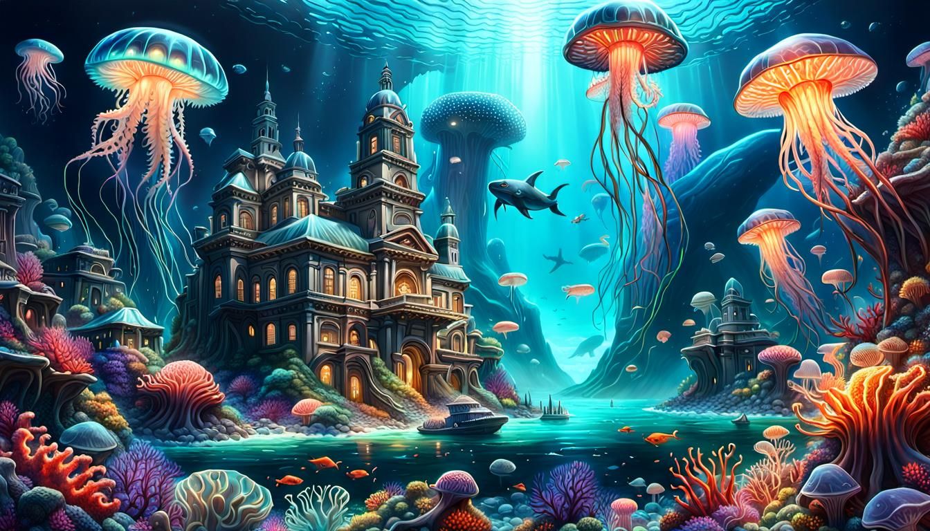 Ornate Alien City Among Bioluminescent Sea Creatures