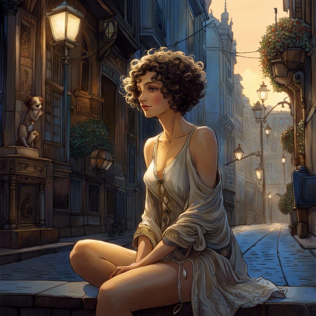 Woman in Sheer Slip Sits on Sidewalk