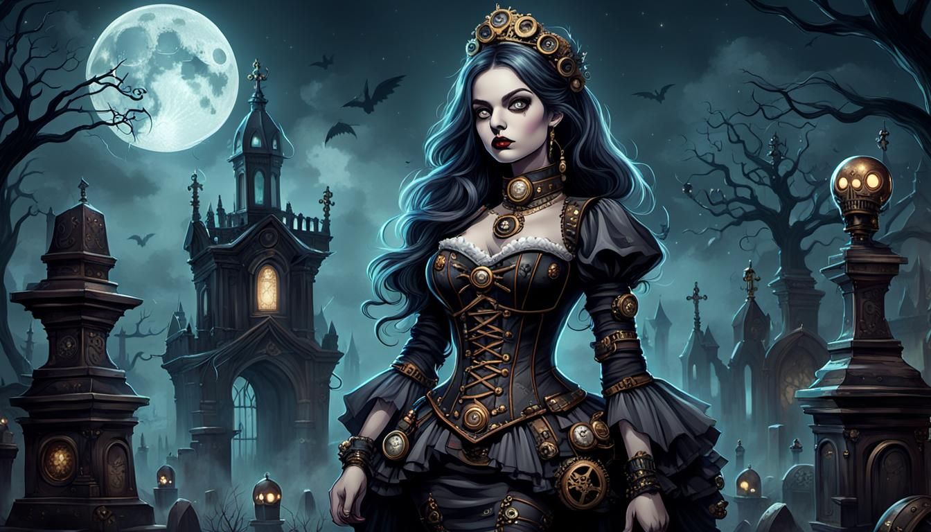 Steampunk Princess in Gothic Graveyard