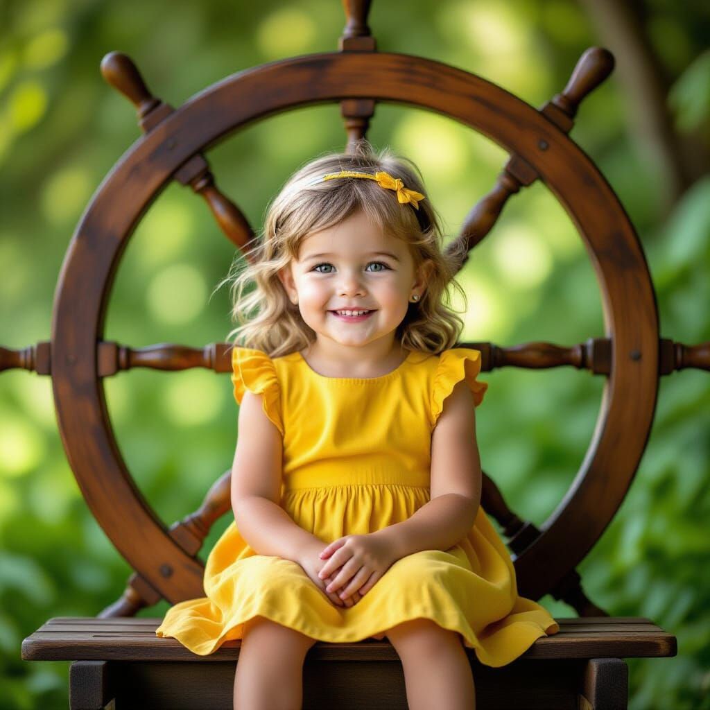 Smiling Child in Vintage Sea Wheel, Professional Photography