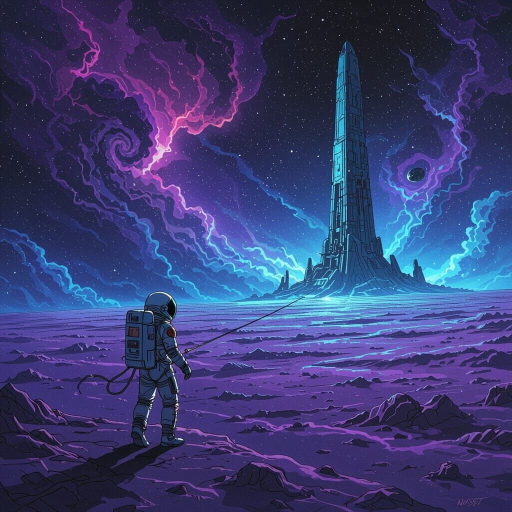 Astronaut Drifting in Nebula Near Alien Structure