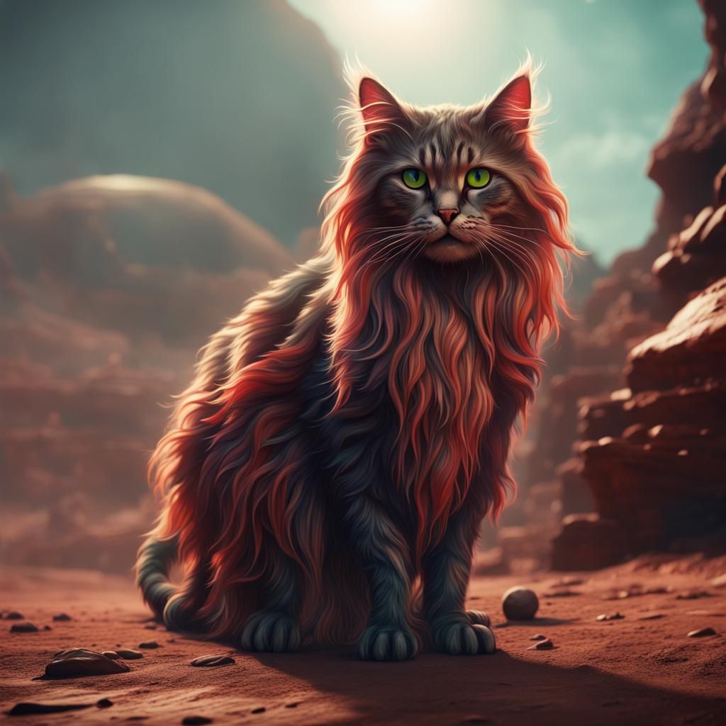 Long-Haired Cat from Mars: Detailed Matte Painting