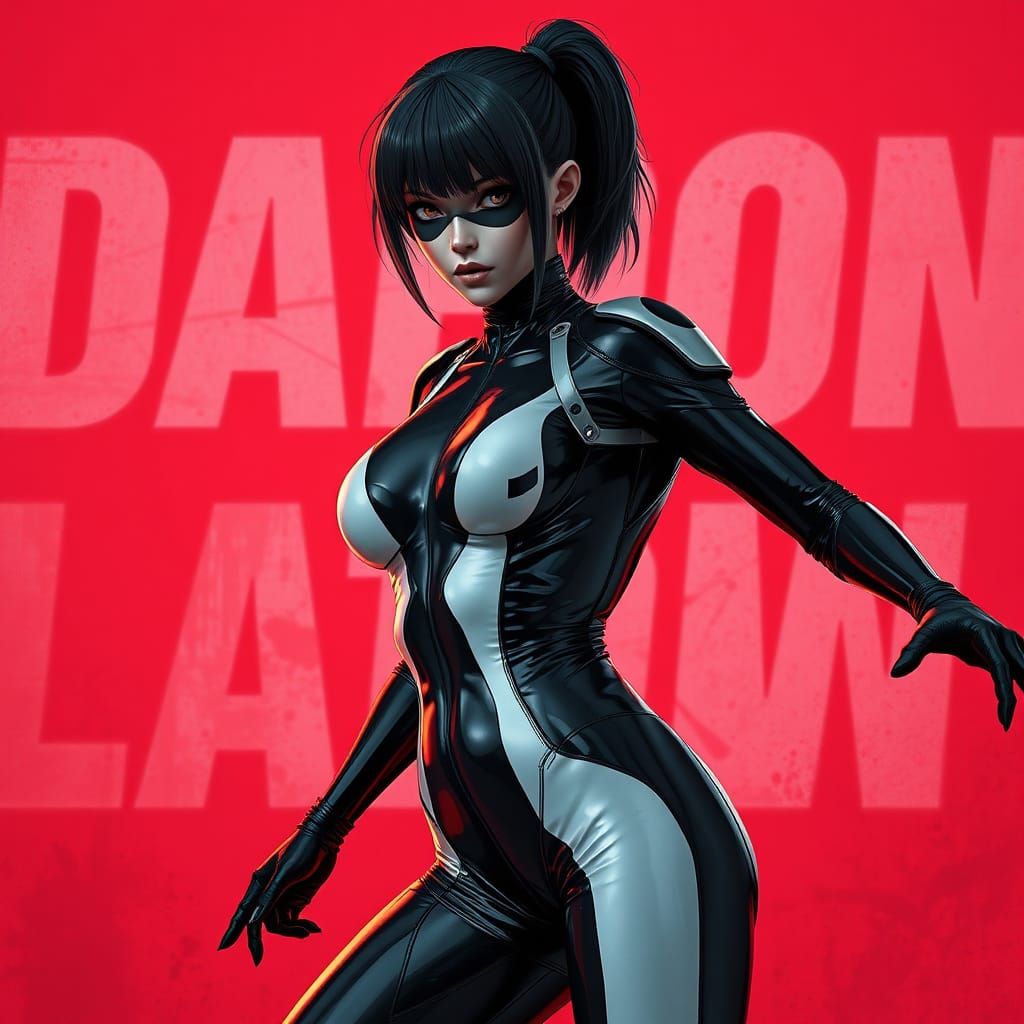 Heroic Woman in Black Latex Suit on Red Dead Pool Background