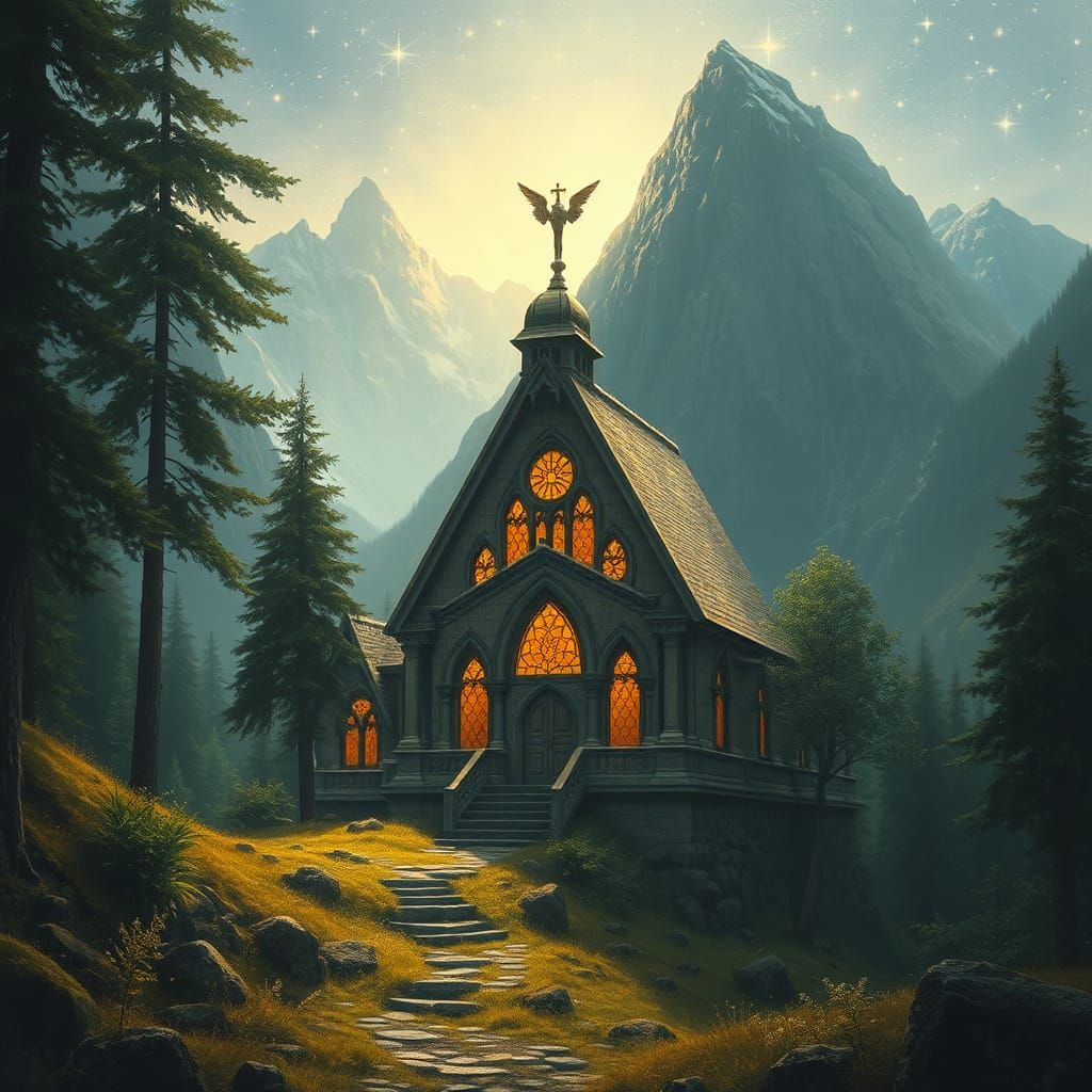 Starlit Mountain Glade Chapel in a Fantasy Setting