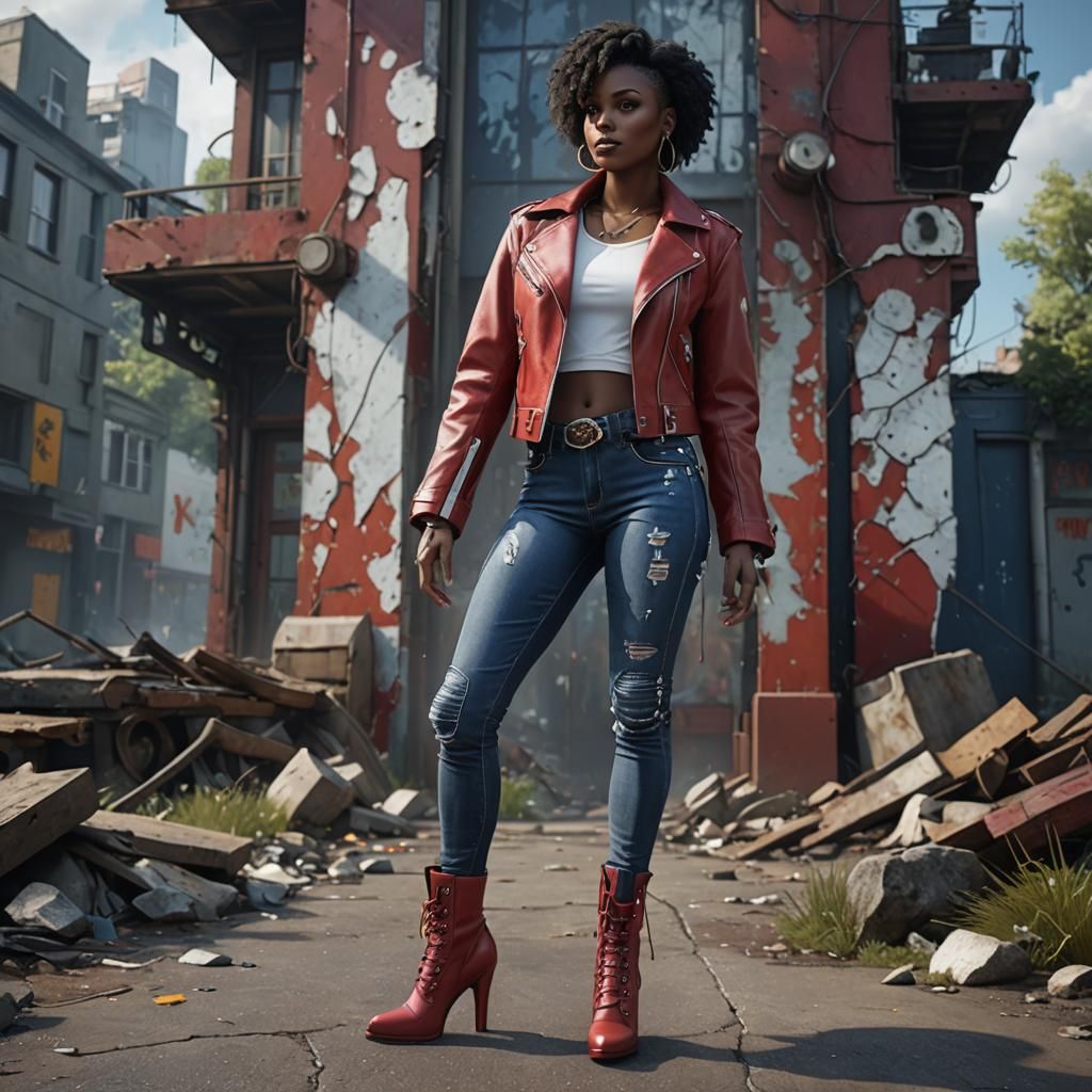 Skinny ebony, red leather jacket, blue jeans, white knee hig...