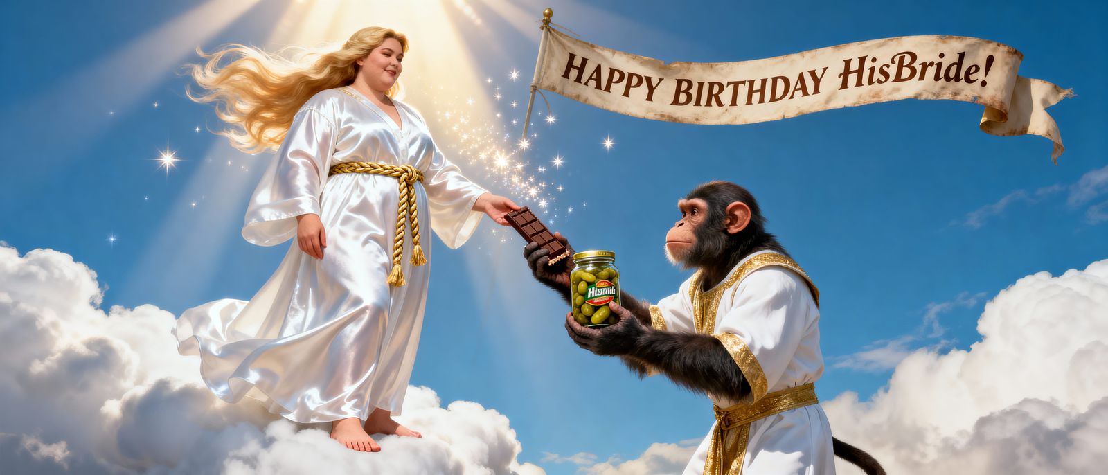 Divine Woman on Cloud with Chimpanzee, Birthday Banner