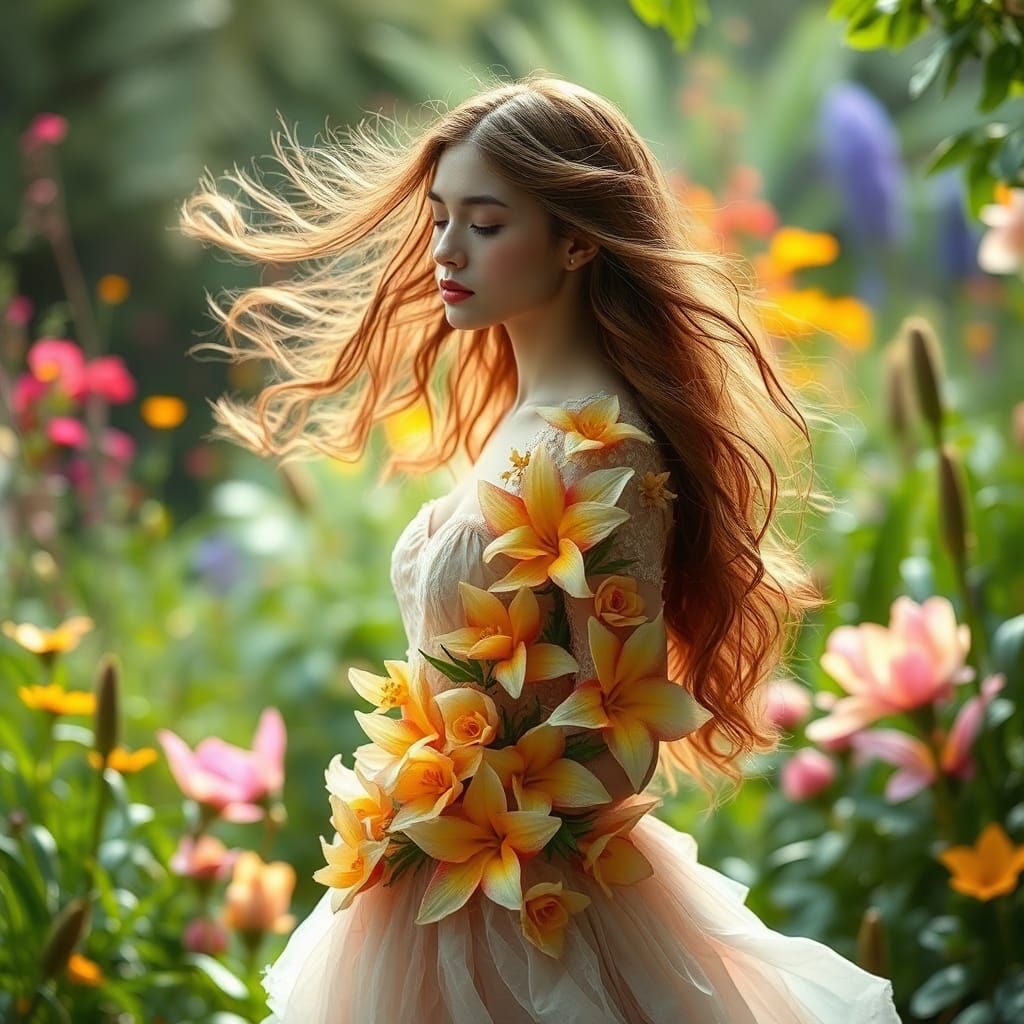 Woman Transforms to Flowers in Symbolist Style