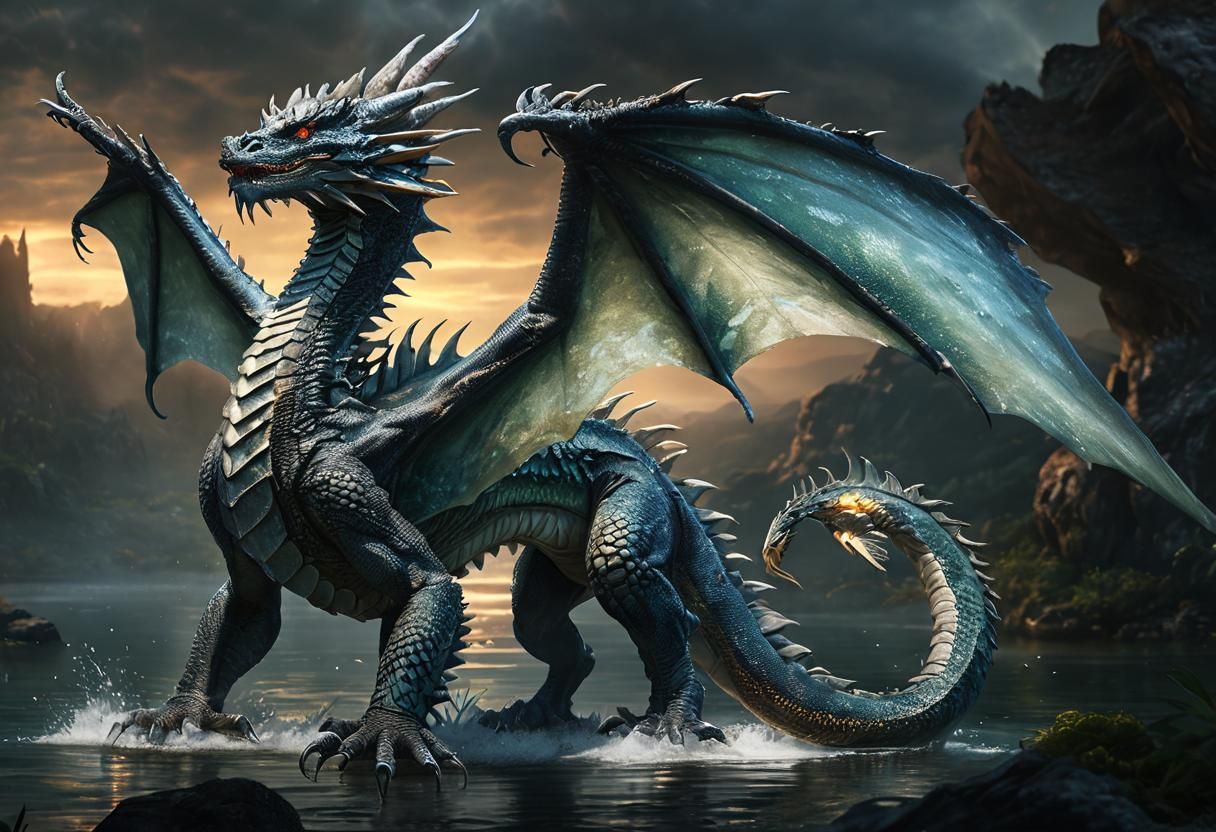 Majestic Water Dragon with Open Wings: Digital Art