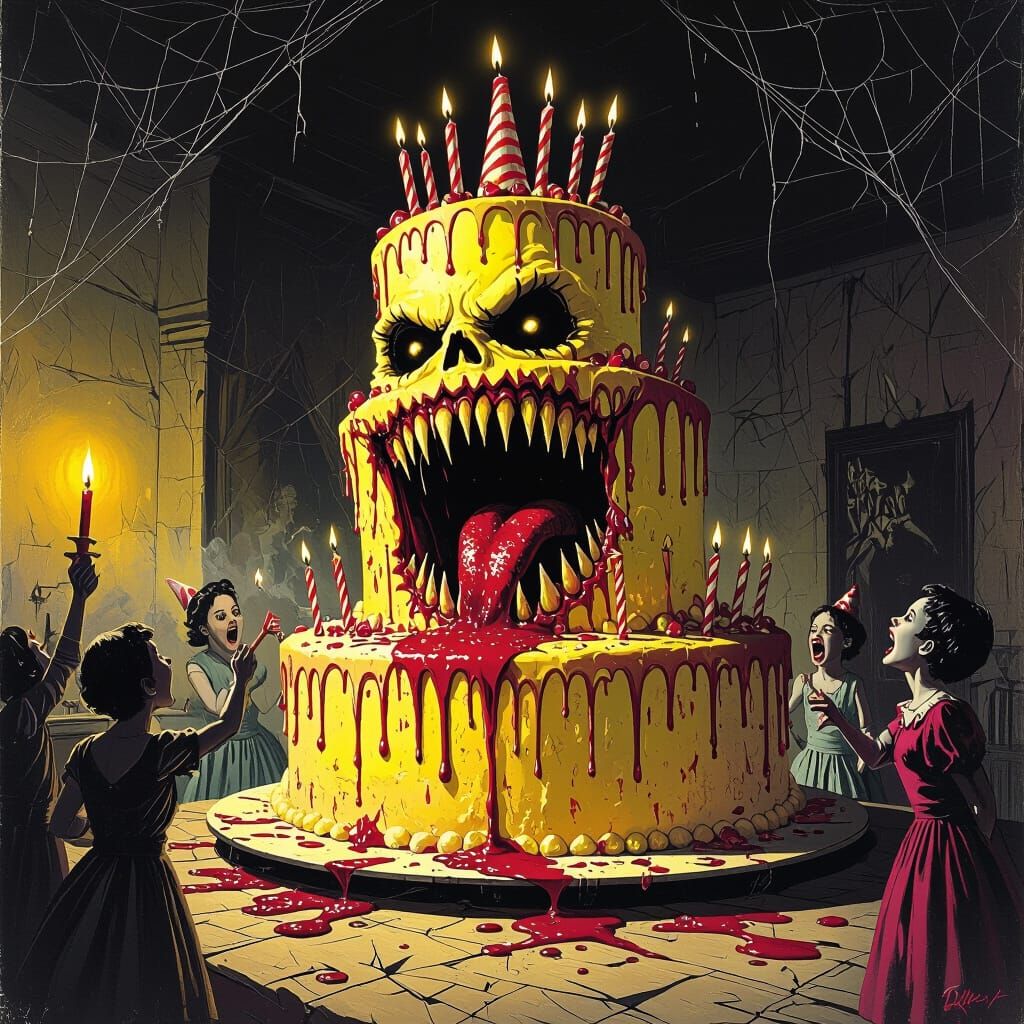 Gothic Horror Mimic Cake Devours Guest in Dark Room