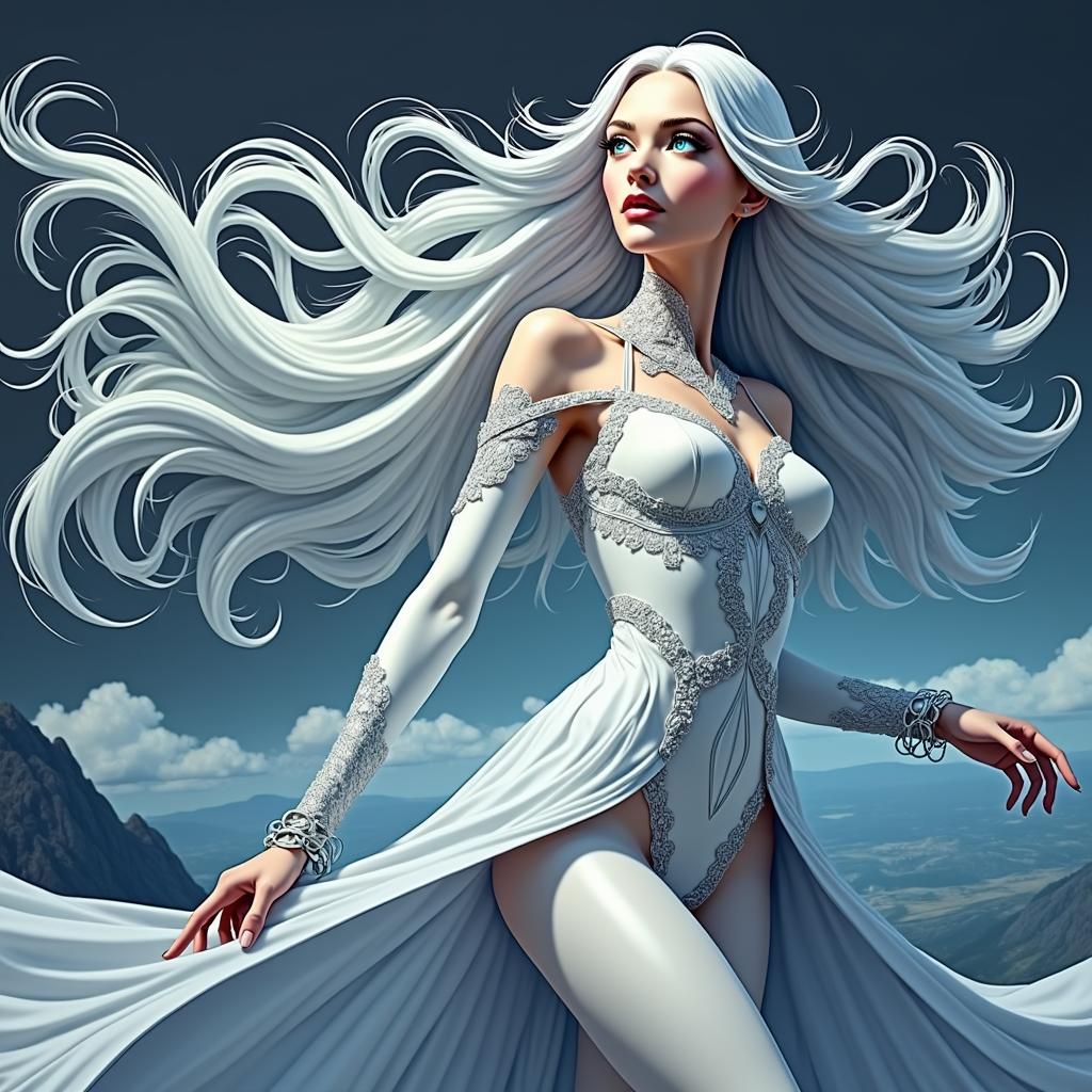 Oxygen Goddess on Windswept Peak in Digital Art