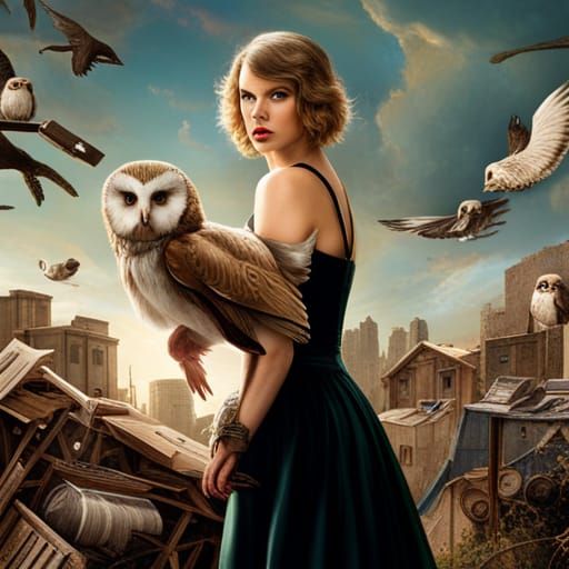 Taylor Swift with Owls, Vermeer-Inspired Matte Painting