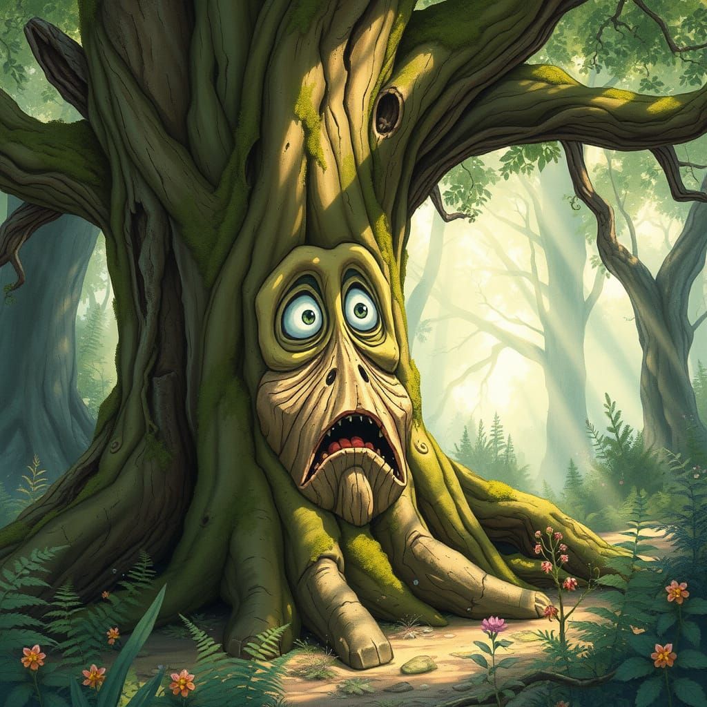 Ancient Tree Smiles Beneath Enchanted Forest Canopy